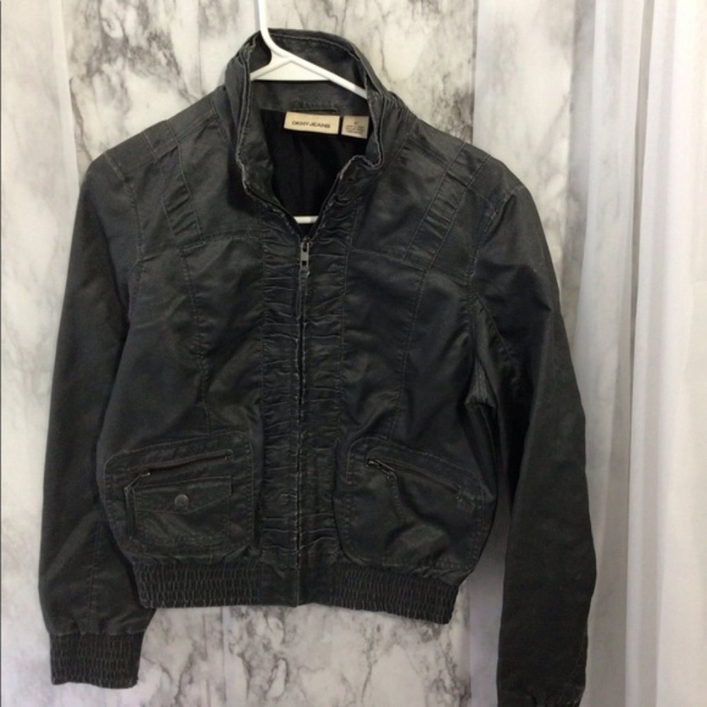 DKNY JEANS Women Black Windbreaker Embroider Bomber Jacket Sz M #273